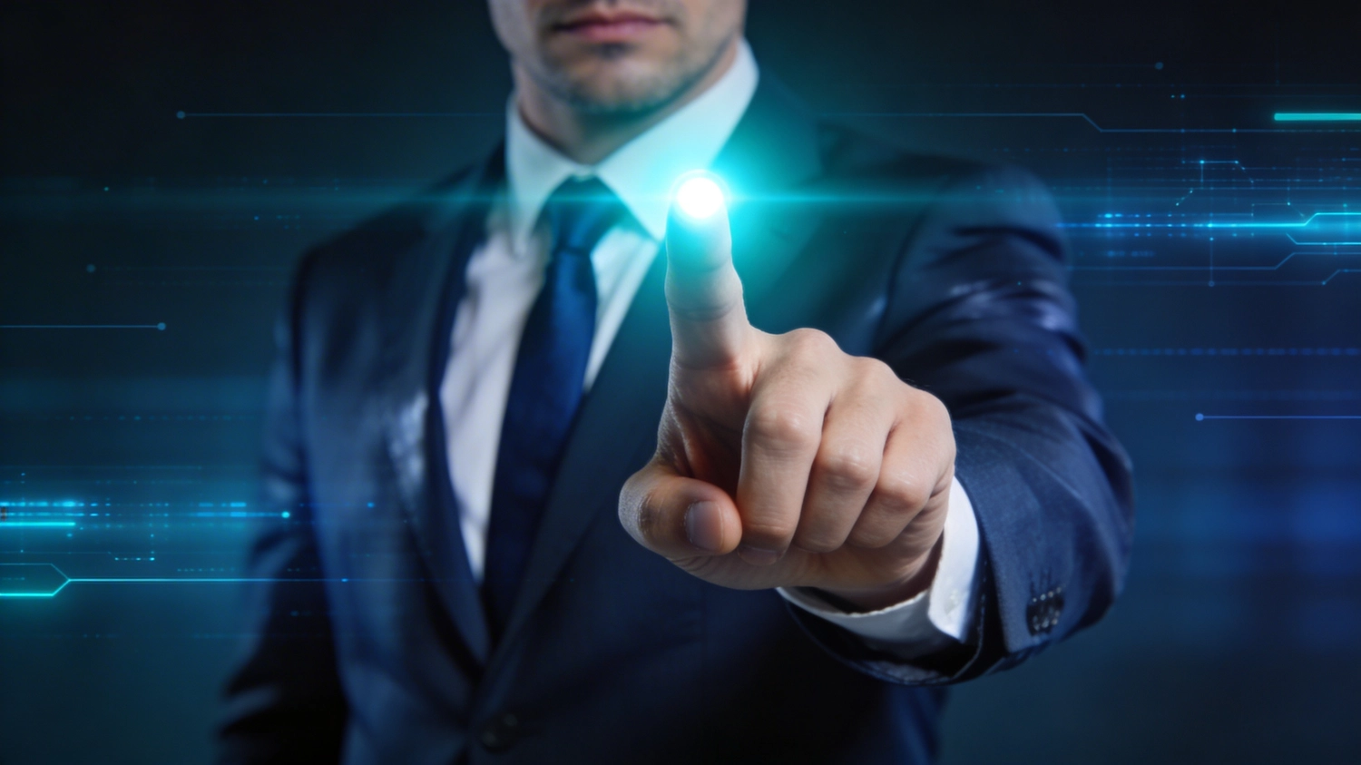 SecTraCon GmbH – Sicherheit – Ein Mann in blauem Anzug und Krawatte berührt ein leuchtendes Fingersymbol auf einer futuristischen digitalen Benutzeroberfläche.